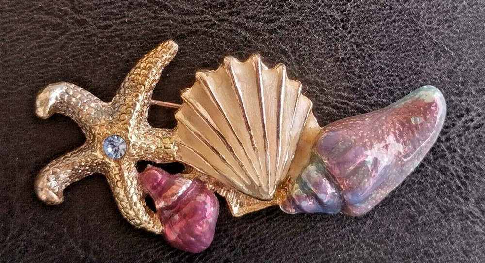 Vtg Signed AAI Gold/Silver Tone Enamel Seashell Starfish Blue Rhinestone Brooch