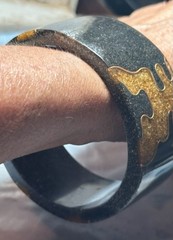 Vintage Clarino Black Speckled/Orange Confetti Wide Bangle Bracelet