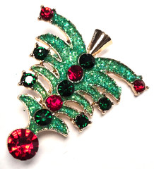 Estate Gold Tone Rhinestone & Green Glitter Christmas Tree Pin / Brooch