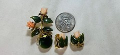 VTG Signed SWOBODA Genuine Carved Jade Coral Flower Brooch Pin Clip Earring Lot