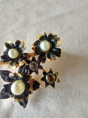 Vintage Rhinestone Enamel Faux Pearl Floral 3″ Brooch Pin Stamped Made Austria