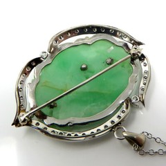 NYJEWEL 14k White Gold Carved Jadeite A Jade Diamond Brooch Pendant Necklace 18″