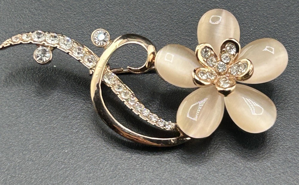 Rose Gold Tone Pink Pedal And Rhinestones Brooch