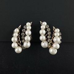 VTG Faux Pearl/Rhinestone Cluster Clip-On Earrings Gold Tone Statement 2″ Hi