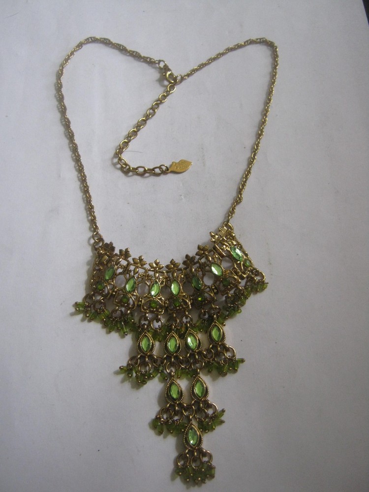 1990s BISOU BISOU Green Crystal Bib Necklace, 18″ w/ Pull, Compare @ $69 on Etsy