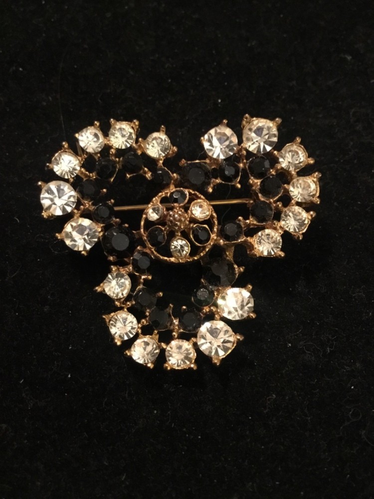 Lovely Vintage Signed M. JENT Black & Clear Rhinestone Pin/Brooch