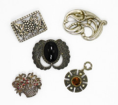 Antique Vintage Sterling Silver Art Nouveau Art Deco 4 Brooches 1 Pendant Lot
