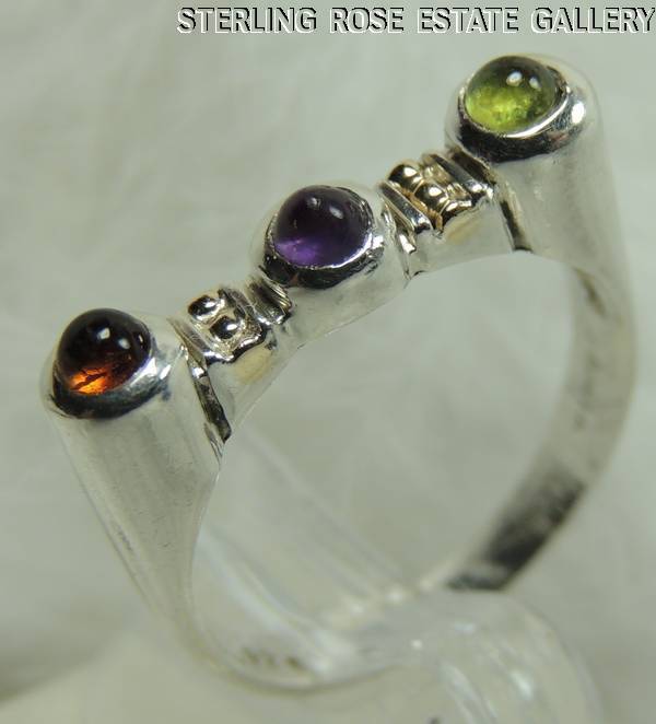 AMETHYST CITRINE PERIDOT TOP BAR Sterling Silver 0.925 Estate BAND RING size 7