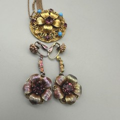 Vintage Purple Jewelry Set 3 Piece Floral Pendant Clip-On Earrings Set Blue Bead