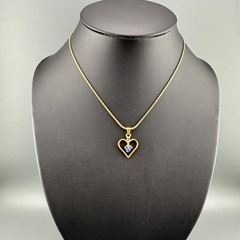 Vintage Rhinestone Heart Pendant Necklace Blue Stone Gold Tone 15″ Chain Dainty