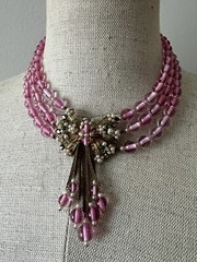 Early Miriam Haskell 3 Strand Pink Glass Filigree Wired Beads Festoon Necklace