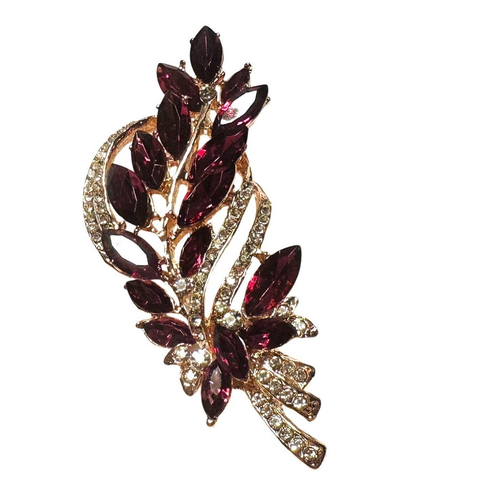 Red & Gold Leaf Rhinestone Brooch Pin 3.5 Inches Elegant