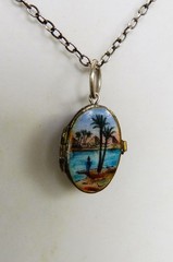 Deco Silver Gilt 800 Egyptian Revival Enamel Moses Basket Locket Pendant 1920s