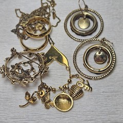 Monet Gold Charm Holder on Chain Braided Leather Hoop Earrings Rhinestone Brooch