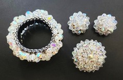 Vintage AB Crystal Beaded Expansion Bracelet – Clip Earrings – Brooch/Pin Set