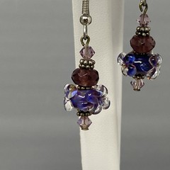 Glass Beaded Dangle Drop Earrings Blue Purple Lampwork Murano Style Pierced 1.5″