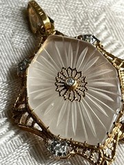 14K Solid Gold Art Deco Camphor Glass Diamond Filigree Pendant Brooch Pin 1.5″