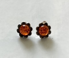 Vintage 925 Sterling Silver Baltic Amber Flower Petal Stud Post Earrings Cognac