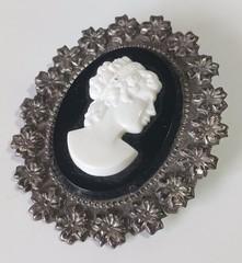 Vintage Celluloid Black, White & Silver Floral Cameo Portrait Brooch