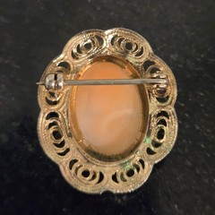 Vintage Cameo Brooch Carved Shell Portrait 1920s Orange White ornate filagree