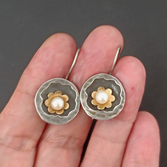 Modernist Pearl Earrings Handmade Silver Gold Israeli Artist Studio VTG Jewelry