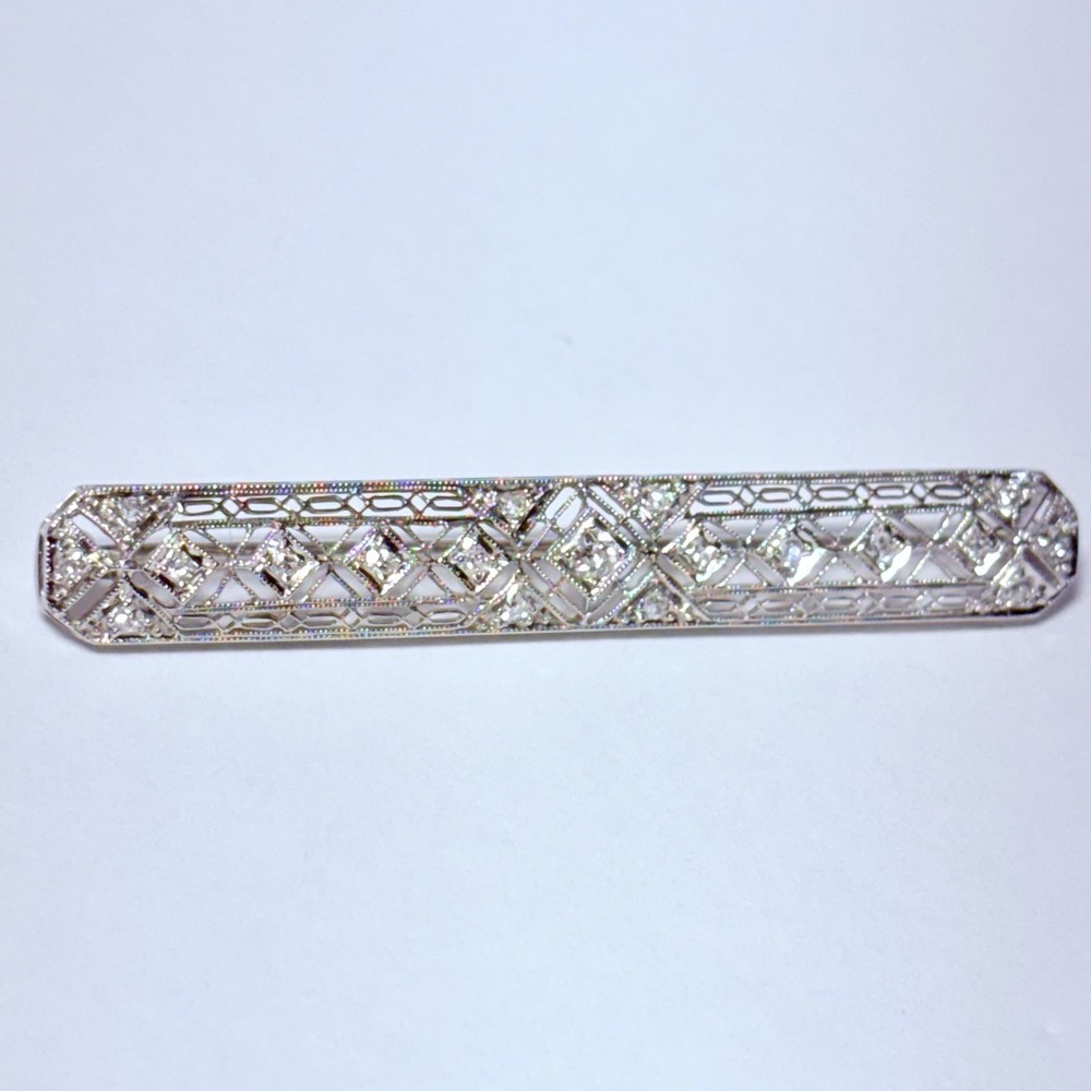 Art Deco 800 Platinum 0.24ctw Old European Diamond 53mm Bar Brooch Pin 4.4g