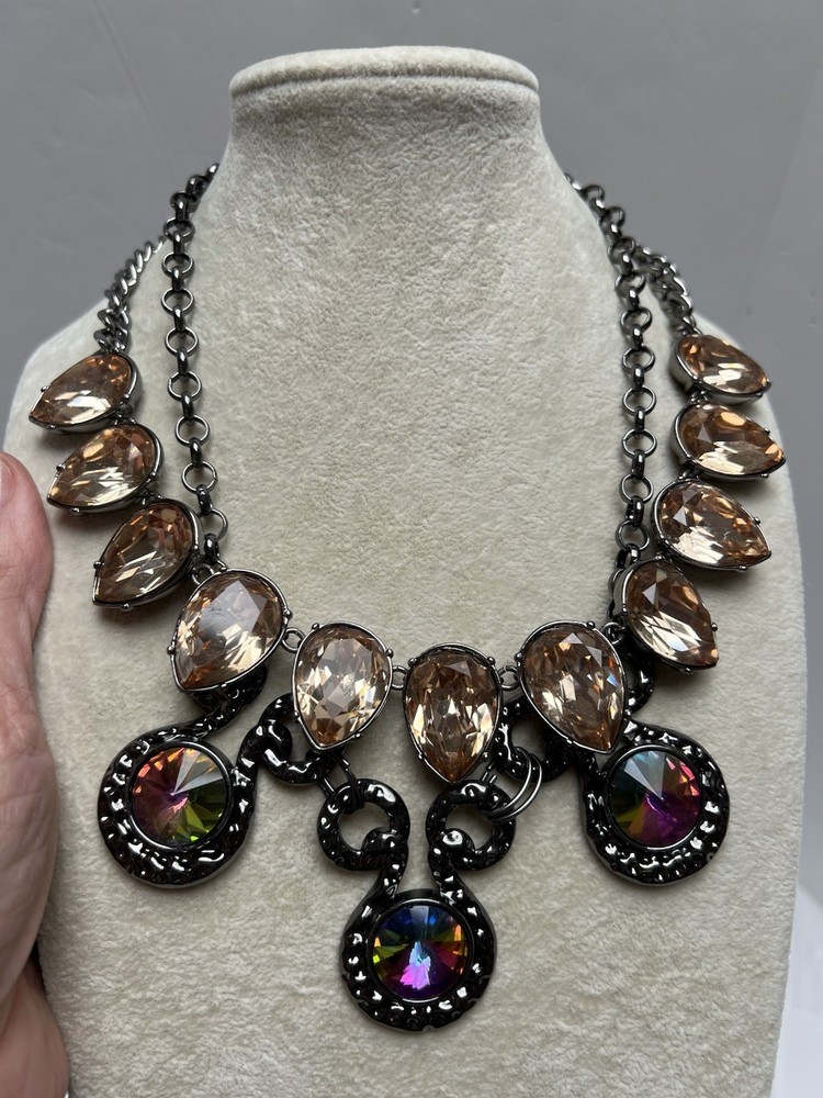 Lot Of 2 Vintage Gunmetal Rhinestone Statement Necklaces 16-18” Watermelon Peach