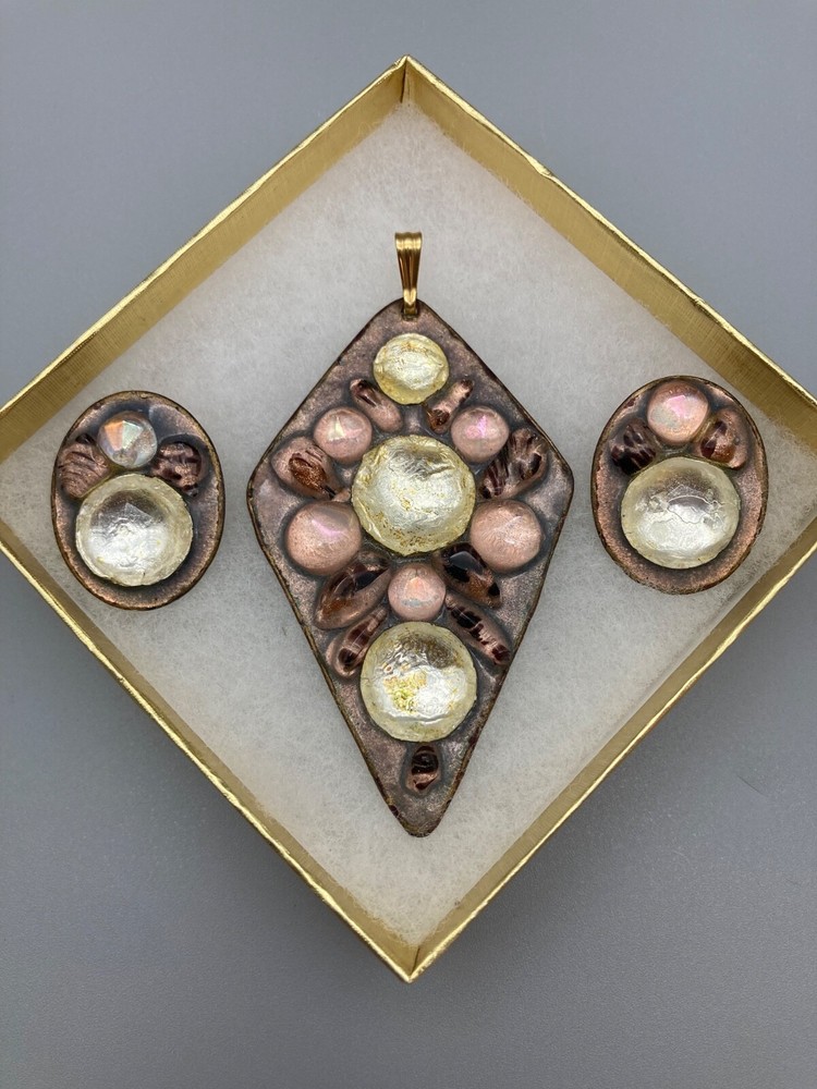 Vintage ~ Modernist Ruth Buol Enamel Copper Art Glass Pendant & Earrings Set ~