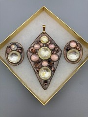 Vintage ~ Modernist Ruth Buol Enamel Copper Art Glass Pendant & Earrings Set ~