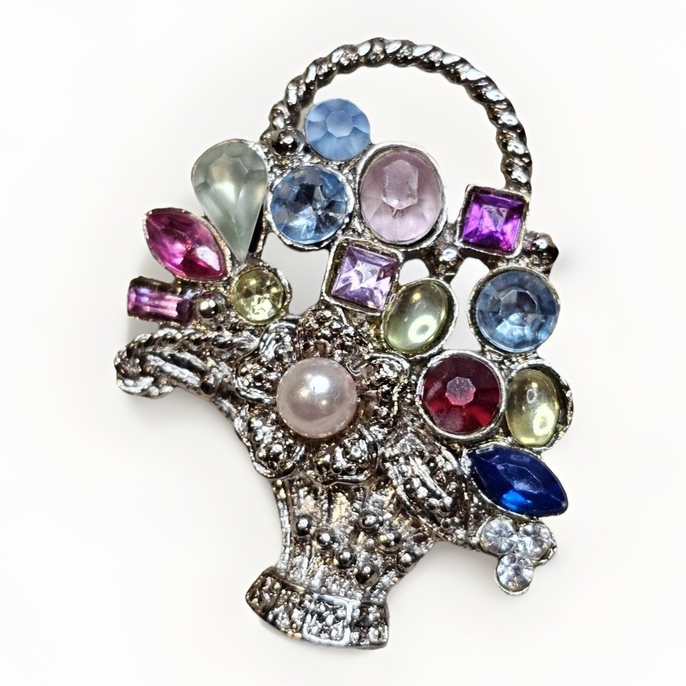 Vintage Silver Tone Colorful Rhinestone Faux Pearl Flower Basket Brooch Pin