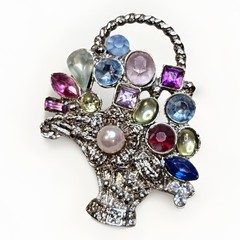 Vintage Silver Tone Colorful Rhinestone Faux Pearl Flower Basket Brooch Pin