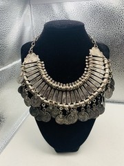 Vintage Silver Tone Boho Ethnic Tribal Coin Coachella Fringe Statement Necklace