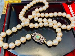 Antique 24″ Pearl Necklace, 18k Diamond Emerald Clasp, Spain Estate, 8 Diamonds