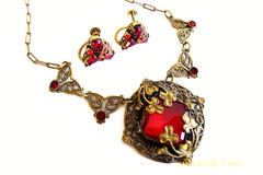 RARE ANTIQUE ART DECO CZECH RED CRYSTAL FILIGREE NECKLACE EARRINGS SET