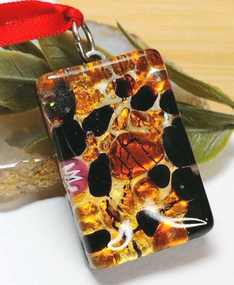 Fantastic! MURANO 1.5″ Black, Orange, Gold Halloween Toned Glass Pendant!