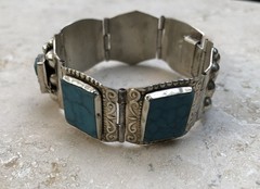 ✨🏜️VTG STAMPED TAXCO STERLING SILVER Turquoise Panel STATEMENT Bracelet Estate