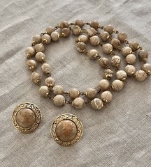 Ocean Jasper Vintage Beaded Beige Marbled Stone Necklace Pierced Earrings Set