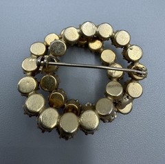 Clear AB Aurora Borealis Rhinestone Prong Dbl Circle Gold Tone Brooch Estate Vtg