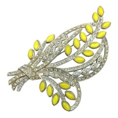 Rhinestone Brooch Floral Spray Yellow Clear Stones Flower Pin Pot Metal Vintage