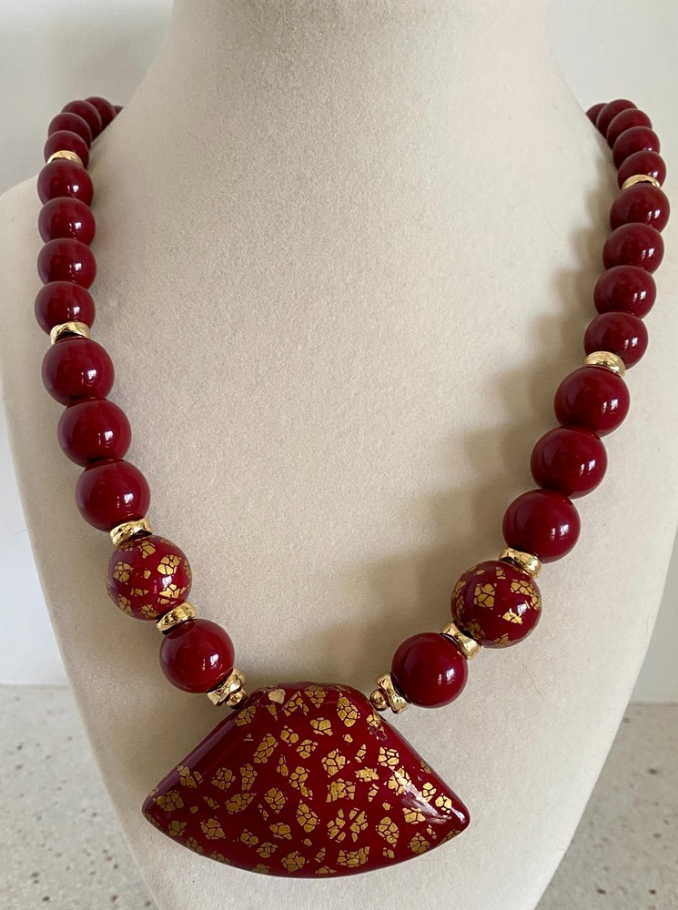 Vintage Japanese Tensha Necklace Hand-painted Beads Burgundy Gold Signed Japan