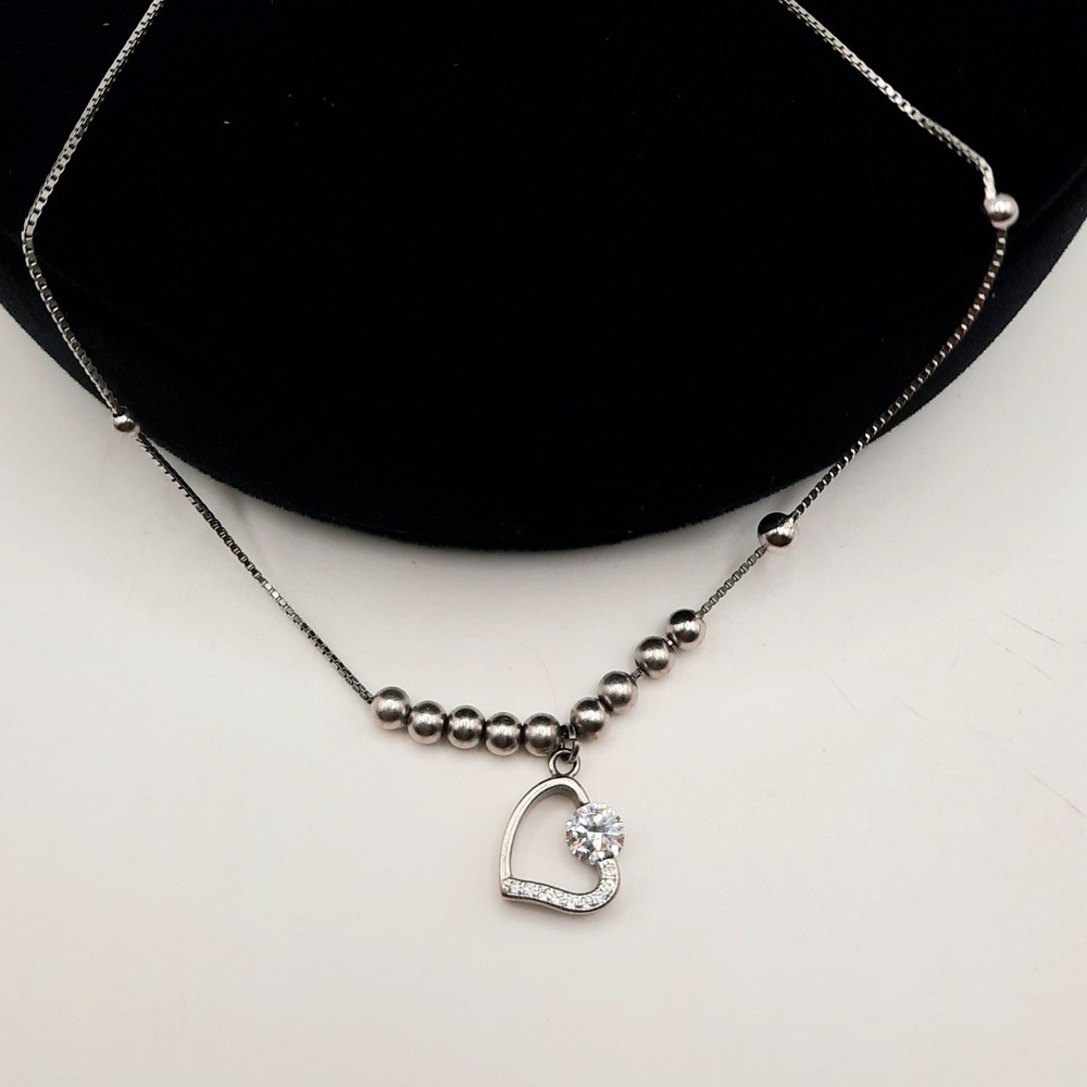 Sterling Silver Anklet with CZ Heart Charm 10.25-11.25″ Dainty Box Chain 4g