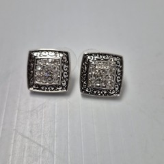 Vtg Square Pavé Crystal Rhinestones Silver Plate Pierced Stud Earrings