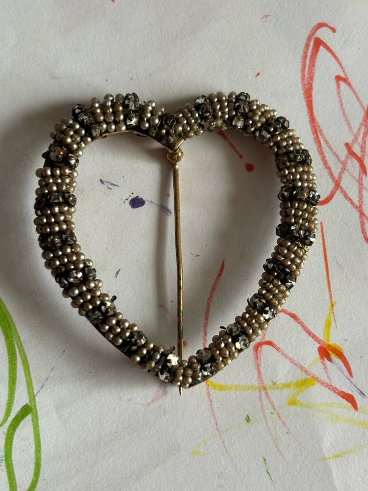 VTG Miriam Haskell HEART Brooch Pin Pearl Crystal Wrapped