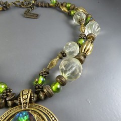 Vintage ANTHONY ALEXANDER Beaded Necklace MIXED METALS Rhinestone Pendant GREEN