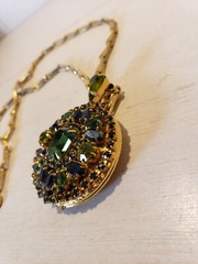 Vintage Hobe Green and Blue Rhinestones Pendant Locket Necklace