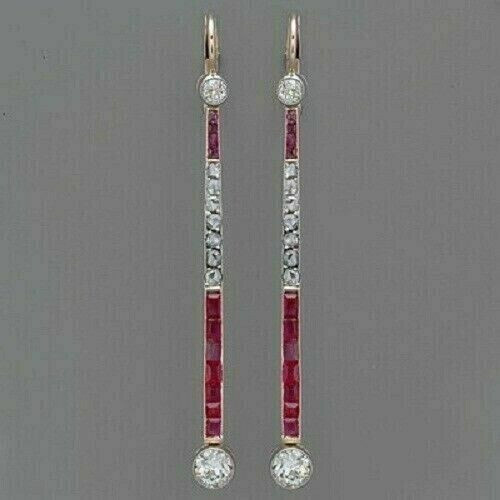 1.95Ct Art Deco Style Diamond & Ruby Engagement Wedding 14k Gold Finish Earrings