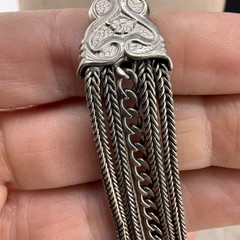 Antique Victorian Enamel Shield Pendant Double Albert Watch Chain Neck1ace 19”