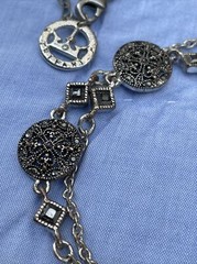 Crown Trifari Unique silvertone with markasite and disc stations 33” Necklace