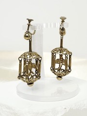 Pair Vintage Gold Tone Dangle Screw-Back Bird Cage Earrings