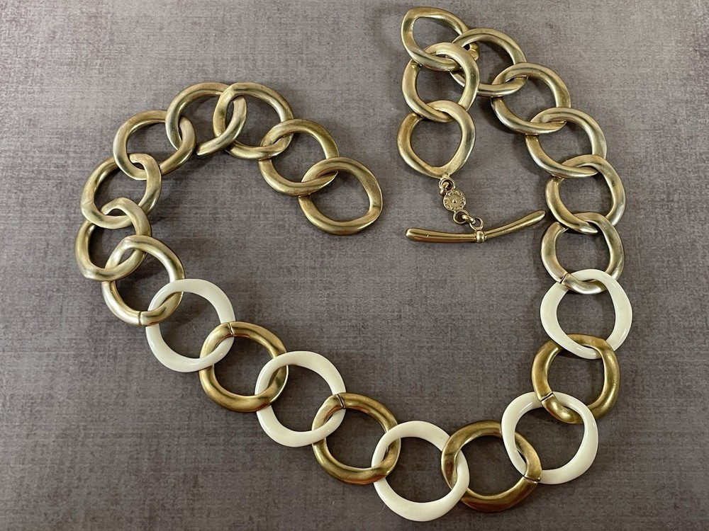 Vintage Monet Gold White Link Necklace Chunky Statement Chain Retro Modern